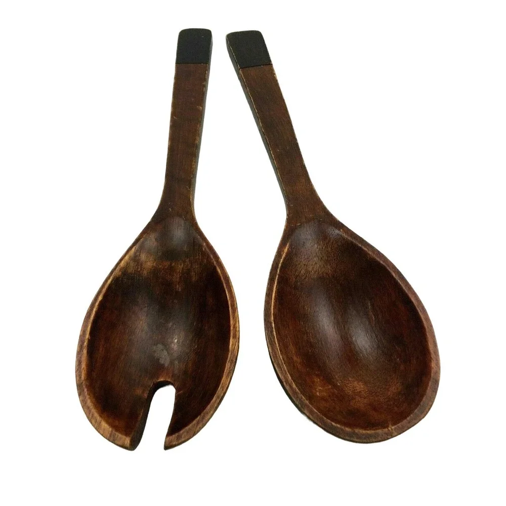Hand Carved Wood Salad Serving Spoon Fork Set 13